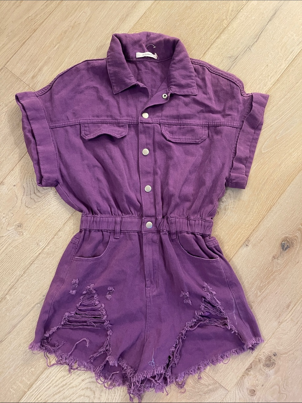 IDEM DITTO Women’s Purple Short-Sleeve Distressed Denim Romper